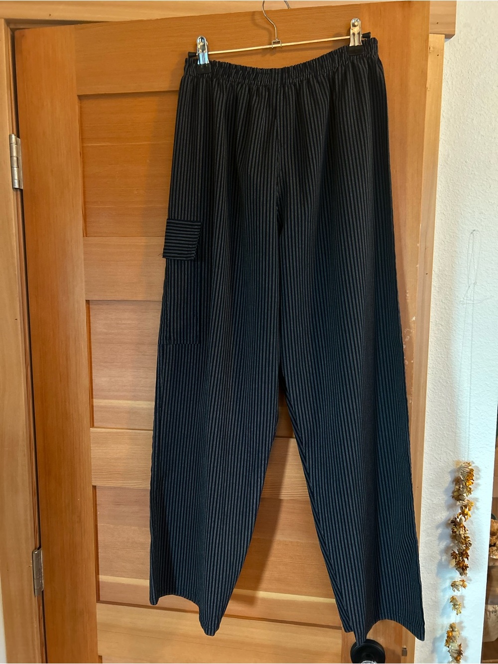 Handsewn Black Pinstripe Elastic-Waist Pants